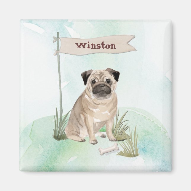Imán Nombre personalizado Perro Mascota Pug (Frente)
