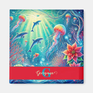 Imán Nombre personalizado Poinsettia de arrecife floral