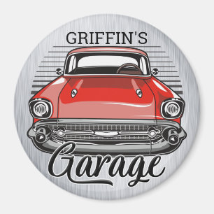 Imán NOMBRE personalizado Retro Red Classic Car Garage