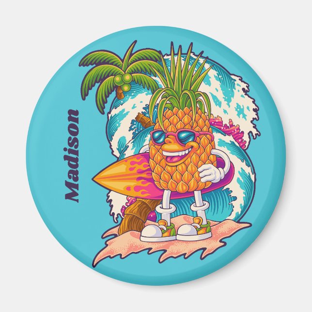 Imán Nombre personalizado Surfing Pineapple (Frente)