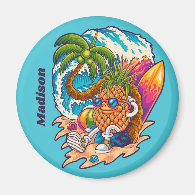 Imán Nombre personalizado Surfing Pineapple (Frente)