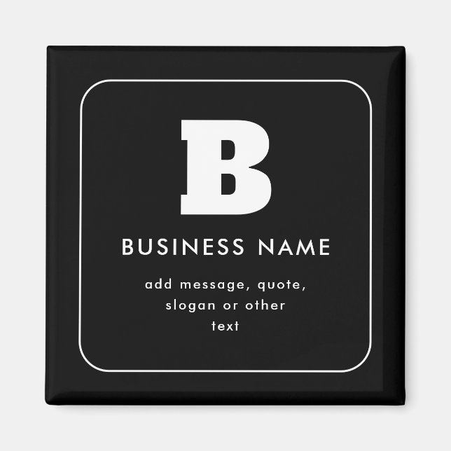 Imán Nombre y lema comercial editable | Blanco y negro (Frente)