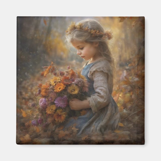 Imán Nostalgic Autumn Child with Wildflower Bouquet (Frente)