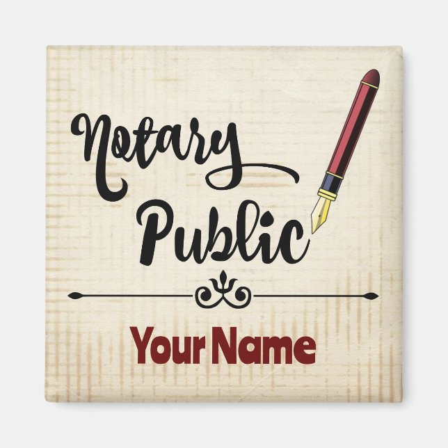 Imán Notary Public Burgundy Ink Pen Nombre personalizad (Frente)