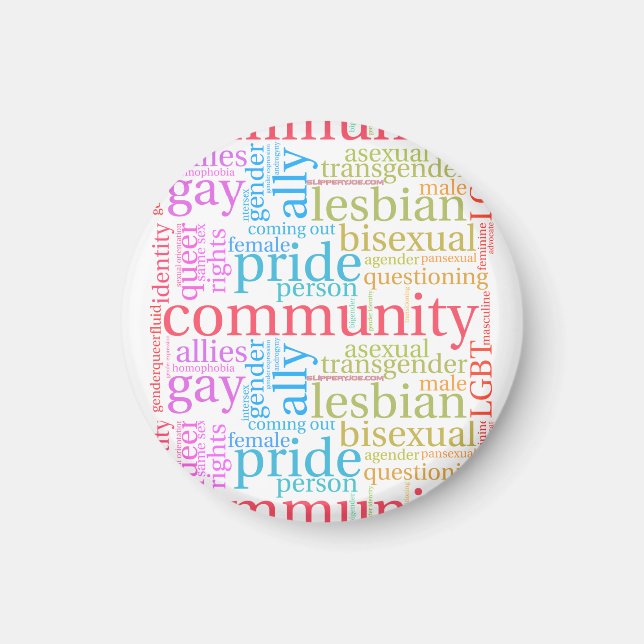 Imán nube de palabras de la comunidad arcoíris LGBTQ+ d (Frente)