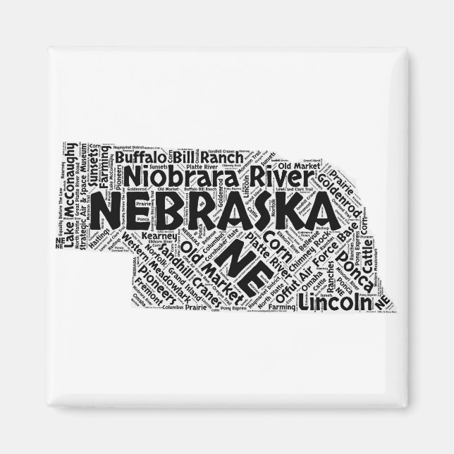 Imán Nube de palabras del estado de Nebraska (Frente)
