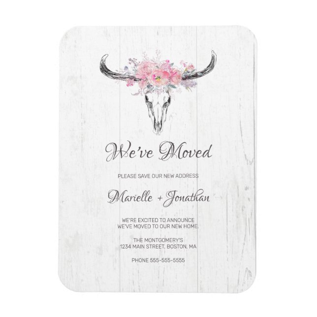 Imán Nueva dirección Rustic Cow Skull Boho Floral (Vertical)
