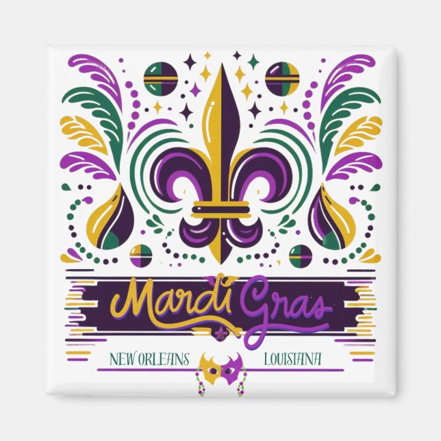 Imán Nueva Orleans Mardi Gras color verde púrpura (Frente)
