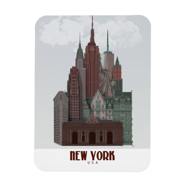 Imán Nueva York en nubes - rojo oscuro y verde (Vertical)