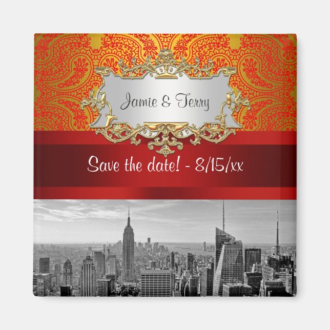 Imán NY City Skyline BW 112 Red Gold Paisley Save Date (Frente)