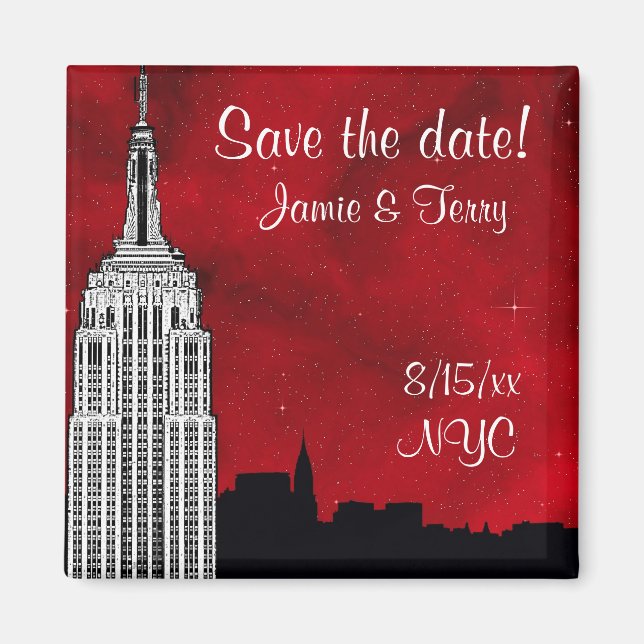 Imán NYC ESB Skyline Silhouette Red Star Save Date (Frente)