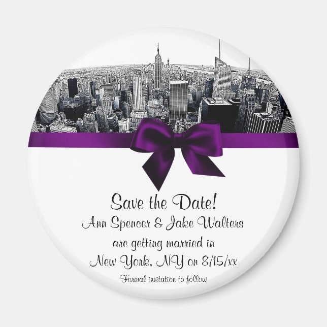 Imán NYC Etched Fisheye Skyline BW Purp Guardar fecha R (Frente)