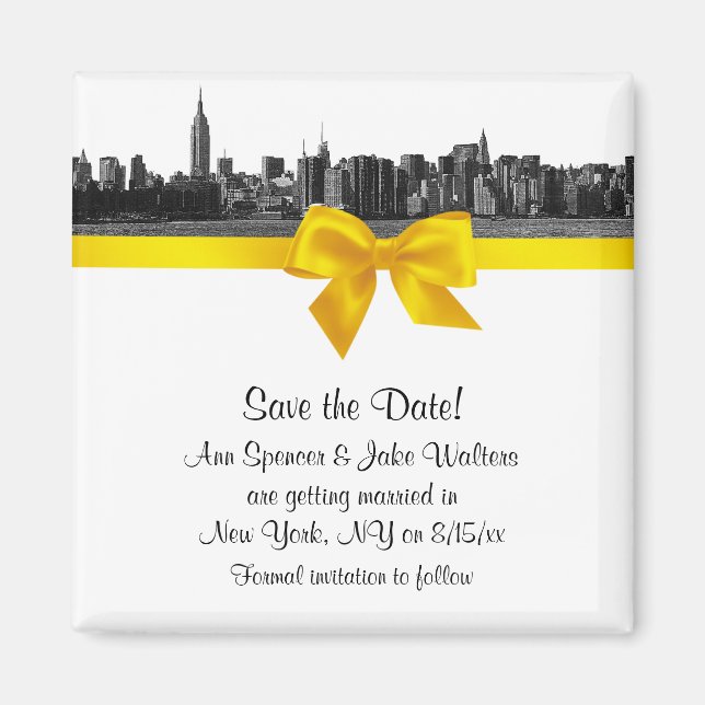 Imán NYC Línea ancha Etched BW Amarillo Save the Date (Frente)