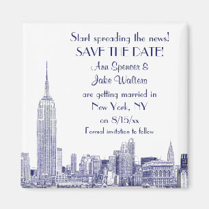 Imán NYC Skyline 01 Etched Save the Date Blue