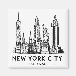 Imán NYC Skyline Illustration with Statue of Liberty