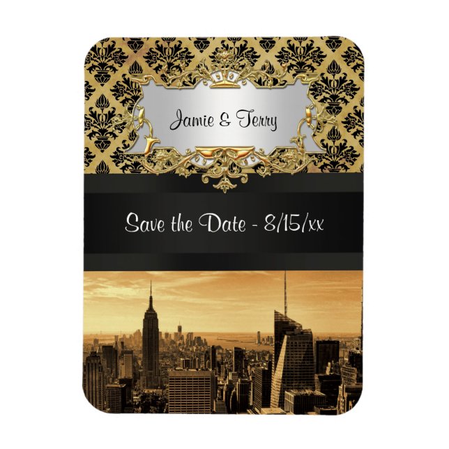 Imán NYC Skyline Sepia B5 Blk Rib Damask Save the Date (Vertical)