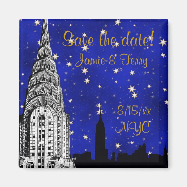Imán NYC Skyline Silhouette Blue Star Save Date Magnet (Frente)