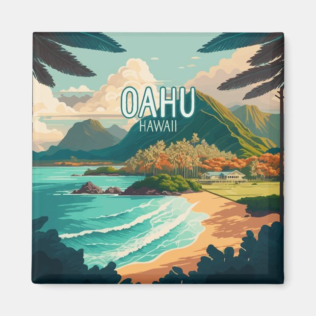 Imán Oahu Hawaii Beach Vintage Retro Keychain (Frente)