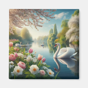 Imán Obra artística de primavera de lagos de cisne flor
