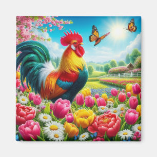 Imán Obra de arte de gallos/gallos/gallinas con flores/
