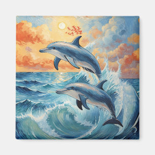 Imán Océano atardecer artístico de dos delfines saltand