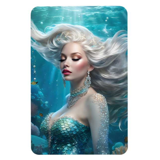 Imán Océano turquesa de pelo plateado de sirena (Vertical)