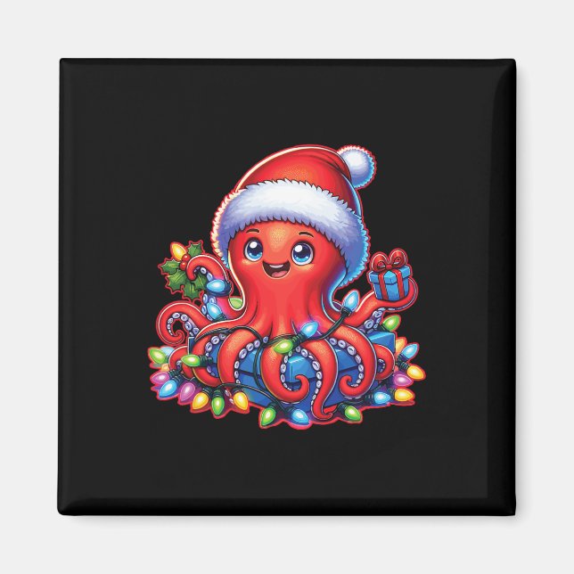 Imán Octopus navidad Con Sombrero Santa Y Luz De Festiv (Frente)