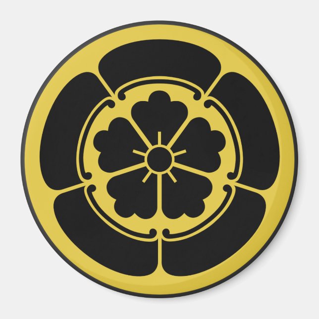 Imán Oda Mon clan samurai japonés amarillo sobre negro (Frente)