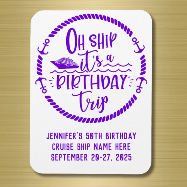 Imán Oh Barco Puerta de crucero de viaje de cumpleaños (Oh Ship! It's a Birthday Trip cruise door magnet in vibrant purple)