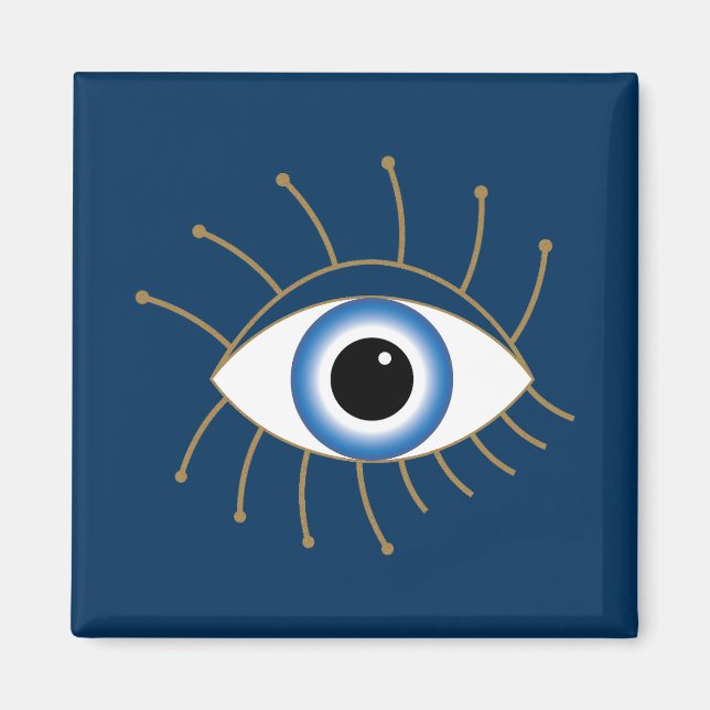 Imán Ojo Malvado Griego Con Azotes De Oro Blanco Azul (Frente)