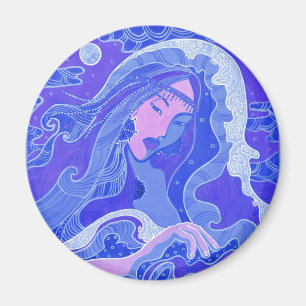 Imán Ola, sirena, fantasía, arte Chica asiático, azul y