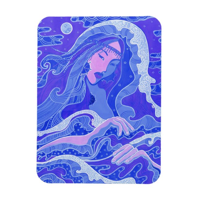 Imán Ola, sirena, fantasía, arte Chica asiático, azul y (Vertical)