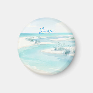 Imán olas de playa de acuarela azul pastel nombre edita