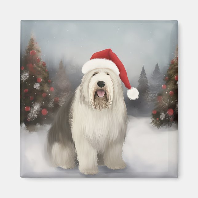 Imán Old English Sheepdog en Navidad nevada (Frente)