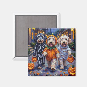 Imán Old English Sheepdogs haciendo 'trick-or-treat' en