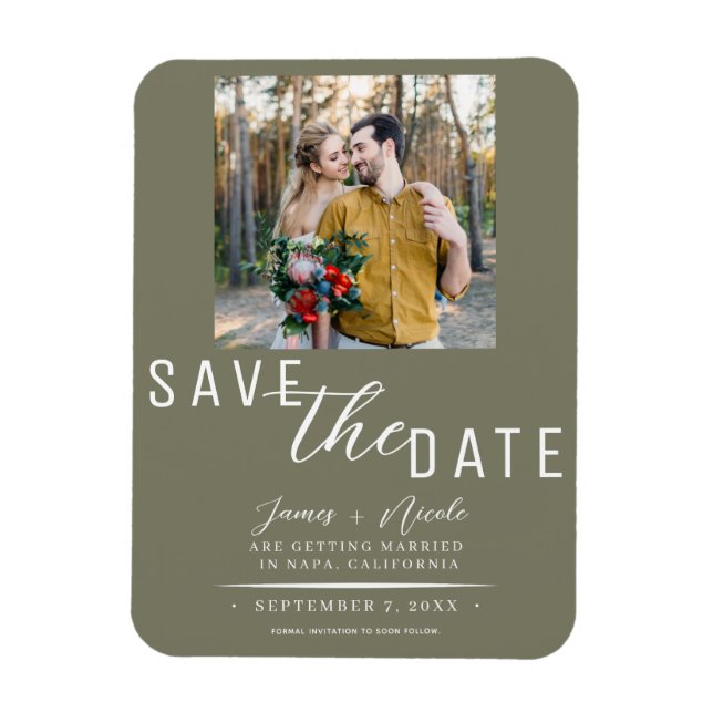 Imán Olive Green Save the Date Photo Boda (Vertical)