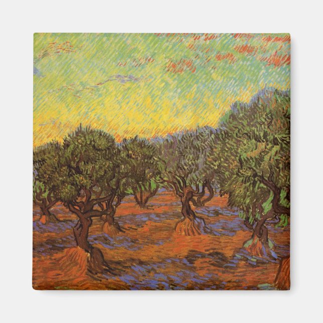 Imán Olive Grove, cielo Naranja por Vincent van Gogh (Frente)