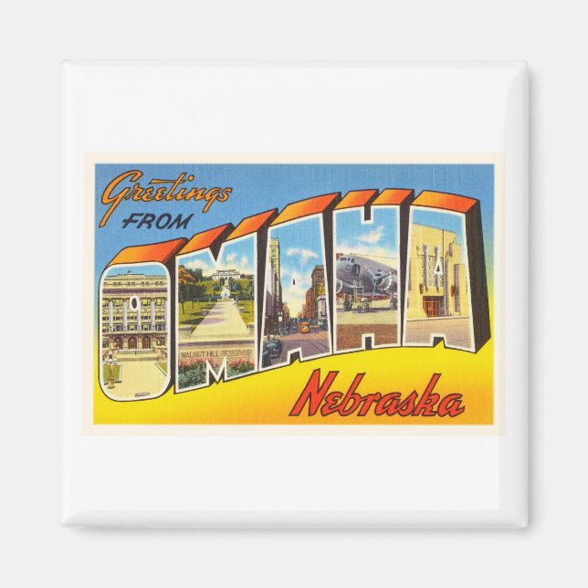 Imán Omaha Nebraska NE Antiguo recuerdo de viajes vinta (Frente)
