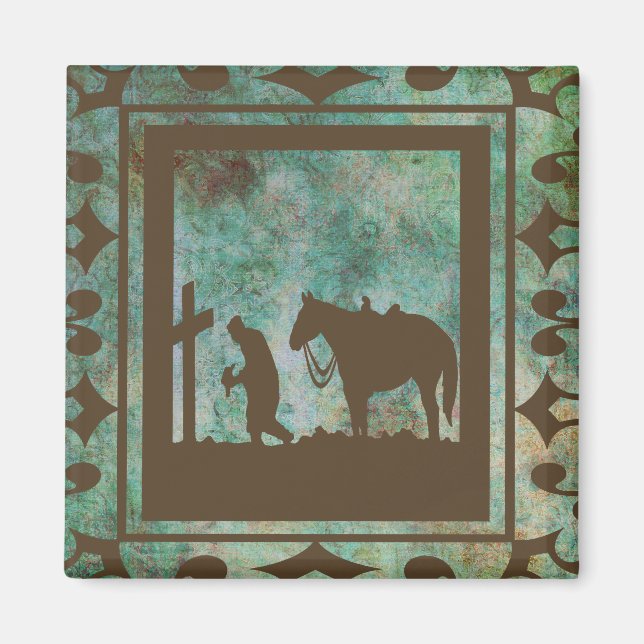 Imán Orando Vaquero Con Caballo En La Cruz (Frente)