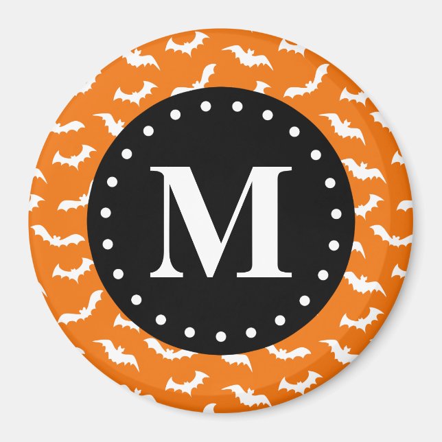 Imán Orange Halloween Bat Pattern Black Monogram (Frente)
