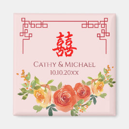 Imán Orange yellow flowers Chinese frame wedding
