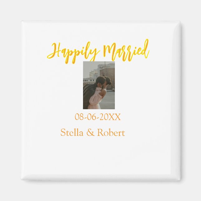 Imán Orange yellow retro photo happily married couple (Frente)