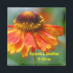 Imán Orange Zinnia Flower Personalized Wedding<br><div class="desc">Lovely orange and yellow zinnia flower photography by Susan wedding favor refrigerator magnet. Fill in your information in the template. Make more changes to font size, style, and color by clicking on Customize. This design is available on many products in my gallery. Please visit Smilin' Eyes Treasures to see more...</div>