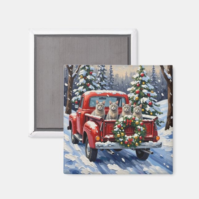 Imán Oriental Blue Cat Christmas Red Truck Holiday (Anverso/Reverso)