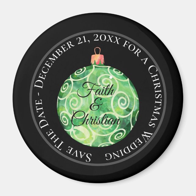 Imán Ornamento de Navidad de Green Swirls/Guardar fecha (Frente)