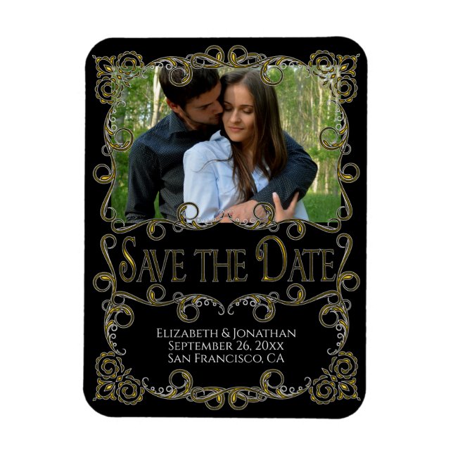 Imán Ornate Gold & Black Wedding Save the Date Photo (Vertical)