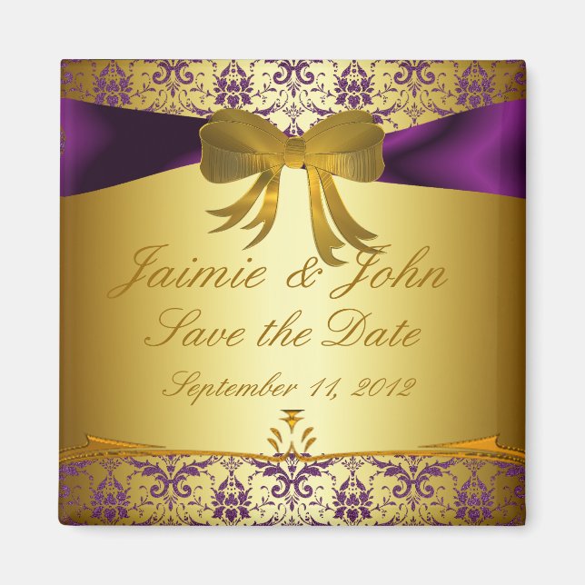 Imán Ornate Purple Gold Damask Save the Date Magnet (Frente)