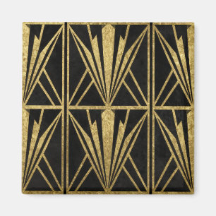 Imán Oro Art Deco Patrón de Abanico Geométrico Negro