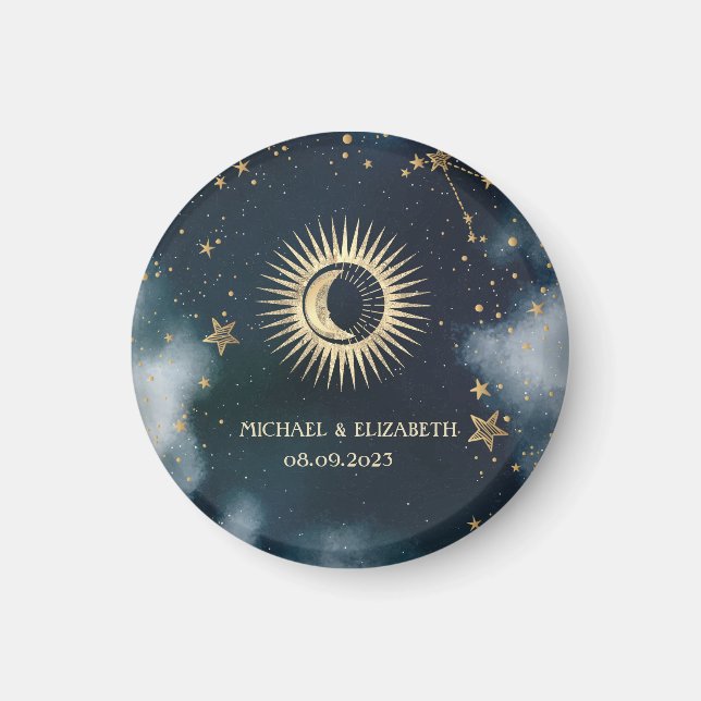 Imán Oro Celestial Sol, Luna, Estrellas Cielo Nocturno (Frente)