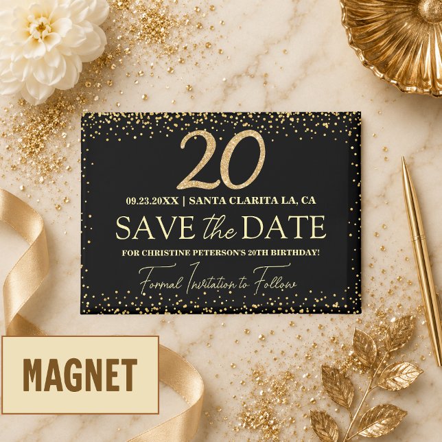Imán Oro Negro Brillo Cumpleaños 20 Save the Date (Subido por el creador)